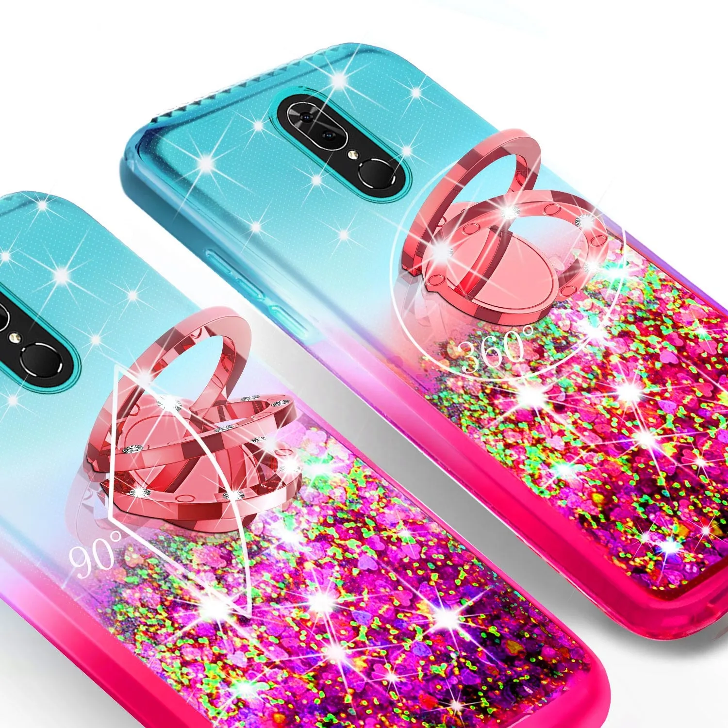 Glitter Phone Case Kickstand Compatible for Nokia 3.1 Plus Case, Nokia 3.1 Plus Case,Ring Stand Liquid Floating Quicksand Bling Sparkle Protective Girls Women for Nokia 3.1 Plus W/Temper Glass - (Teal/Pink Gradient)