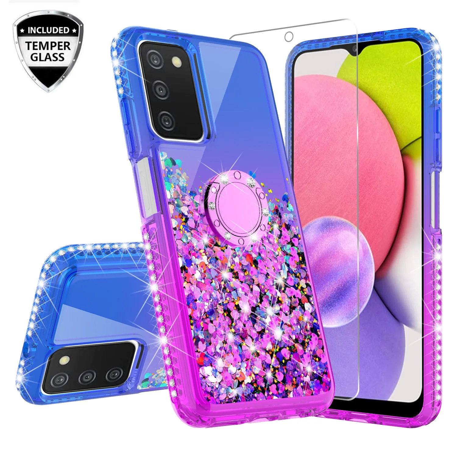 Glitter Phone Case Kickstand Compatible for Samsung Galaxy A03s Case, Samsung Galaxy A03s Case,Ring Stand Liquid Floating Quicksand Bling Sparkle Protective Girls Women for Samsung Galaxy A03s W/Temper Glass - (Blue/Purple Gradient)
