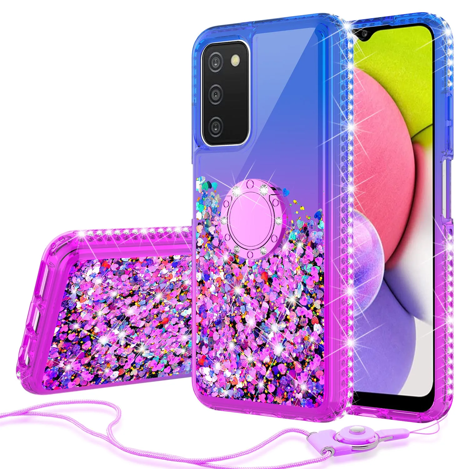 Glitter Phone Case Kickstand Compatible for Samsung Galaxy A03s Case, Samsung Galaxy A03s Case,Ring Stand Liquid Floating Quicksand Bling Sparkle Protective Girls Women for Samsung Galaxy A03s W/Temper Glass - (Blue/Purple Gradient)