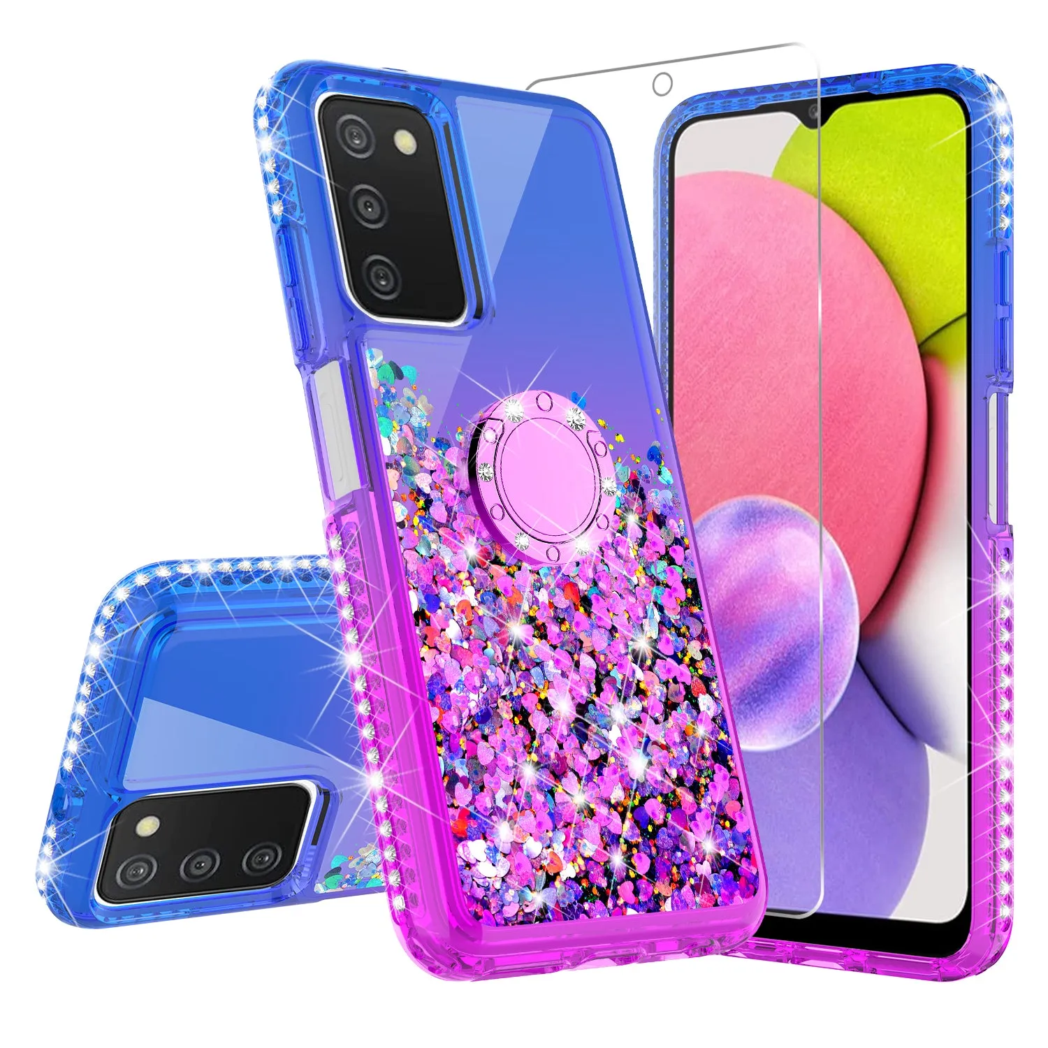 Glitter Phone Case Kickstand Compatible for Samsung Galaxy A03s Case, Samsung Galaxy A03s Case,Ring Stand Liquid Floating Quicksand Bling Sparkle Protective Girls Women for Samsung Galaxy A03s W/Temper Glass - (Blue/Purple Gradient)