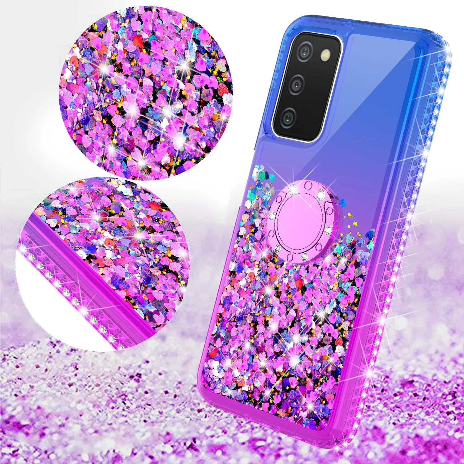 Glitter Phone Case Kickstand Compatible for Samsung Galaxy A03s Case, Samsung Galaxy A03s Case,Ring Stand Liquid Floating Quicksand Bling Sparkle Protective Girls Women for Samsung Galaxy A03s W/Temper Glass - (Blue/Purple Gradient)