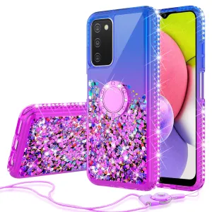 Glitter Phone Case Kickstand Compatible for Samsung Galaxy A03s Case, Samsung Galaxy A03s Case,Ring Stand Liquid Floating Quicksand Bling Sparkle Protective Girls Women for Samsung Galaxy A03s W/Temper Glass - (Blue/Purple Gradient)