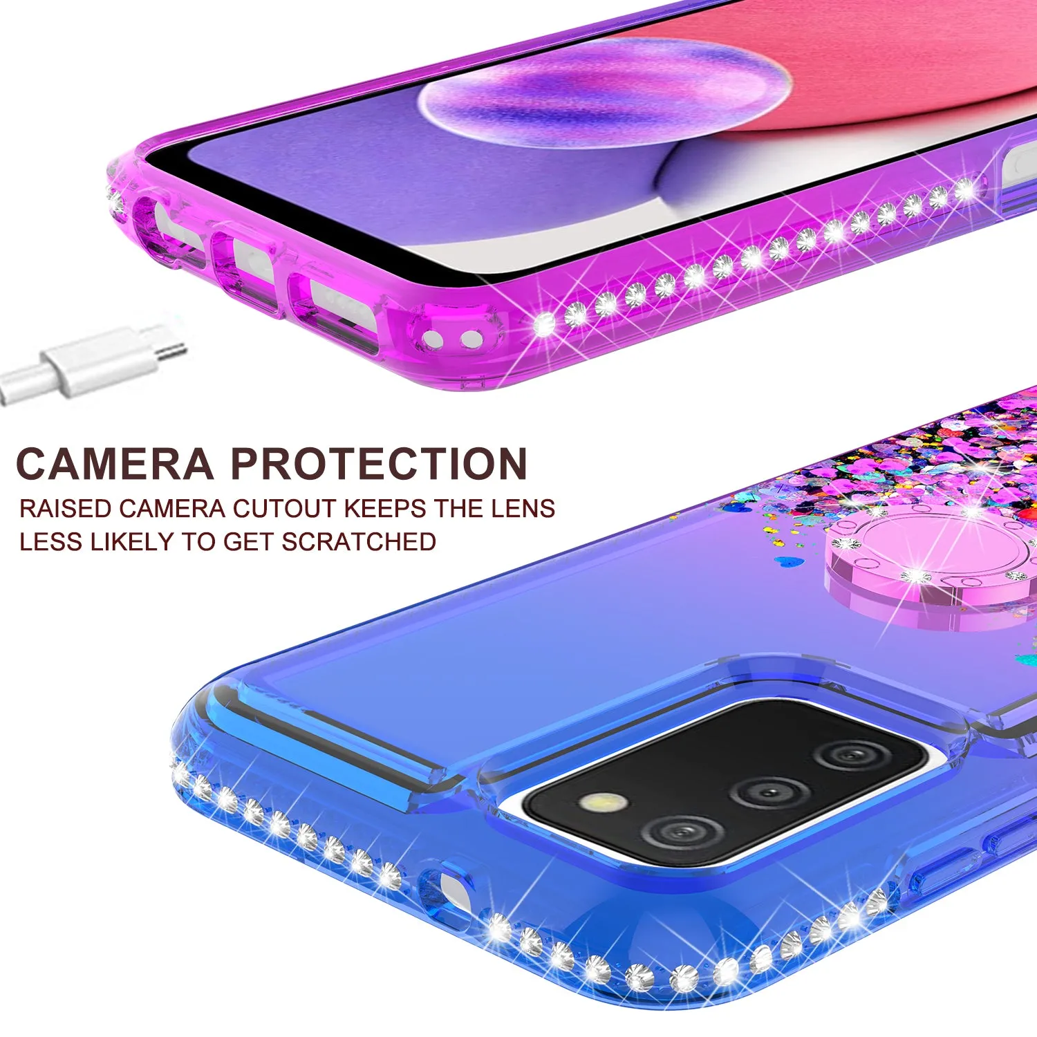 Glitter Phone Case Kickstand Compatible for Samsung Galaxy A03s Case, Samsung Galaxy A03s Case,Ring Stand Liquid Floating Quicksand Bling Sparkle Protective Girls Women for Samsung Galaxy A03s W/Temper Glass - (Blue/Purple Gradient)