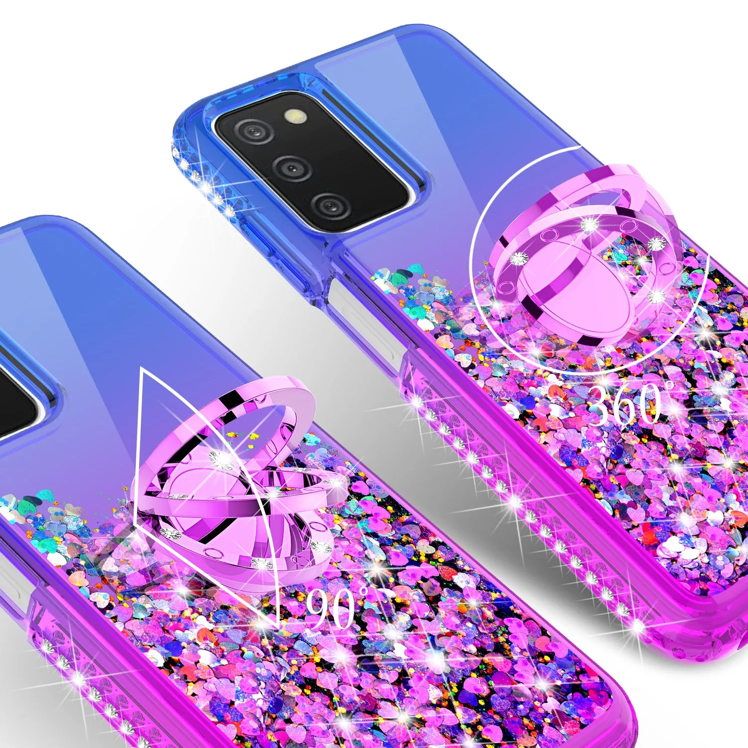 Glitter Phone Case Kickstand Compatible for Samsung Galaxy A03s Case, Samsung Galaxy A03s Case,Ring Stand Liquid Floating Quicksand Bling Sparkle Protective Girls Women for Samsung Galaxy A03s W/Temper Glass - (Blue/Purple Gradient)