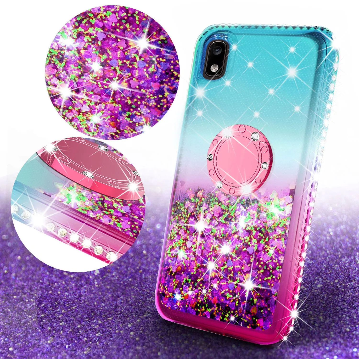Glitter Phone Case Kickstand Compatible for Samsung Galaxy A10e Case, Galaxy A10e Case,Ring Stand Liquid Floating Quicksand Bling Sparkle Protective Girls Women for Samsung Galaxy A10e W/Temper Glass - (Teal/Pink Gradient)