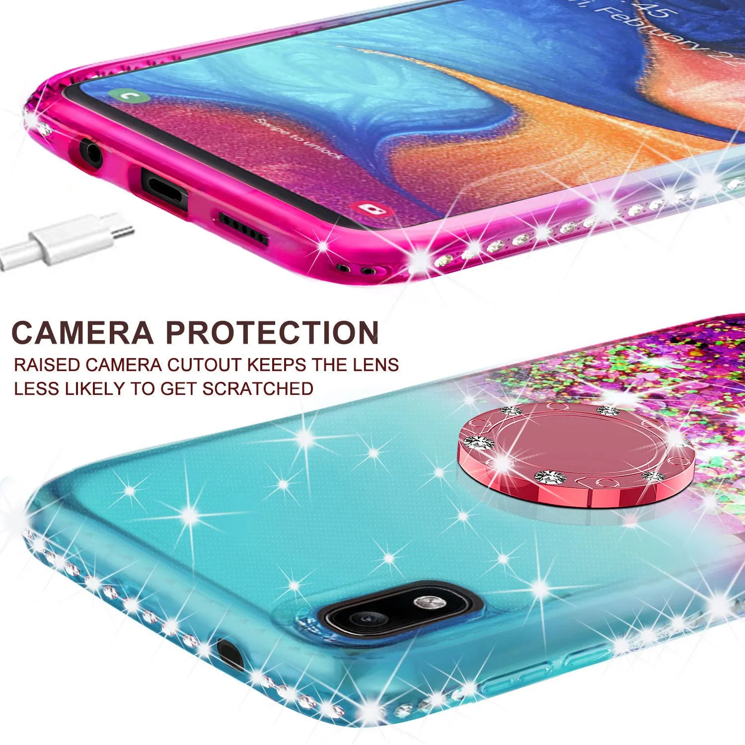 Glitter Phone Case Kickstand Compatible for Samsung Galaxy A10e Case, Galaxy A10e Case,Ring Stand Liquid Floating Quicksand Bling Sparkle Protective Girls Women for Samsung Galaxy A10e W/Temper Glass - (Teal/Pink Gradient)
