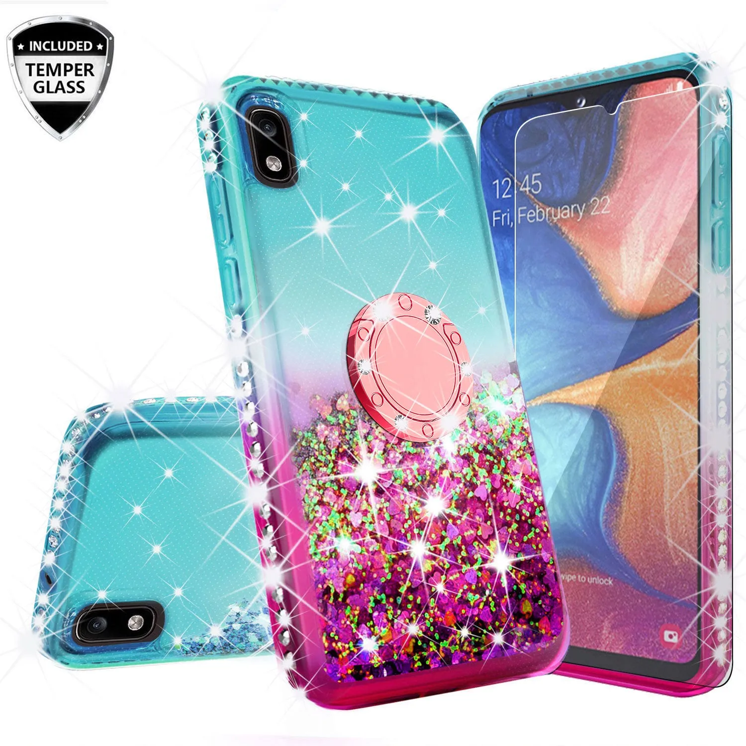 Glitter Phone Case Kickstand Compatible for Samsung Galaxy A10e Case, Galaxy A10e Case,Ring Stand Liquid Floating Quicksand Bling Sparkle Protective Girls Women for Samsung Galaxy A10e W/Temper Glass - (Teal/Pink Gradient)