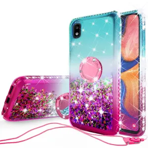 Glitter Phone Case Kickstand Compatible for Samsung Galaxy A10e Case, Galaxy A10e Case,Ring Stand Liquid Floating Quicksand Bling Sparkle Protective Girls Women for Samsung Galaxy A10e W/Temper Glass - (Teal/Pink Gradient)