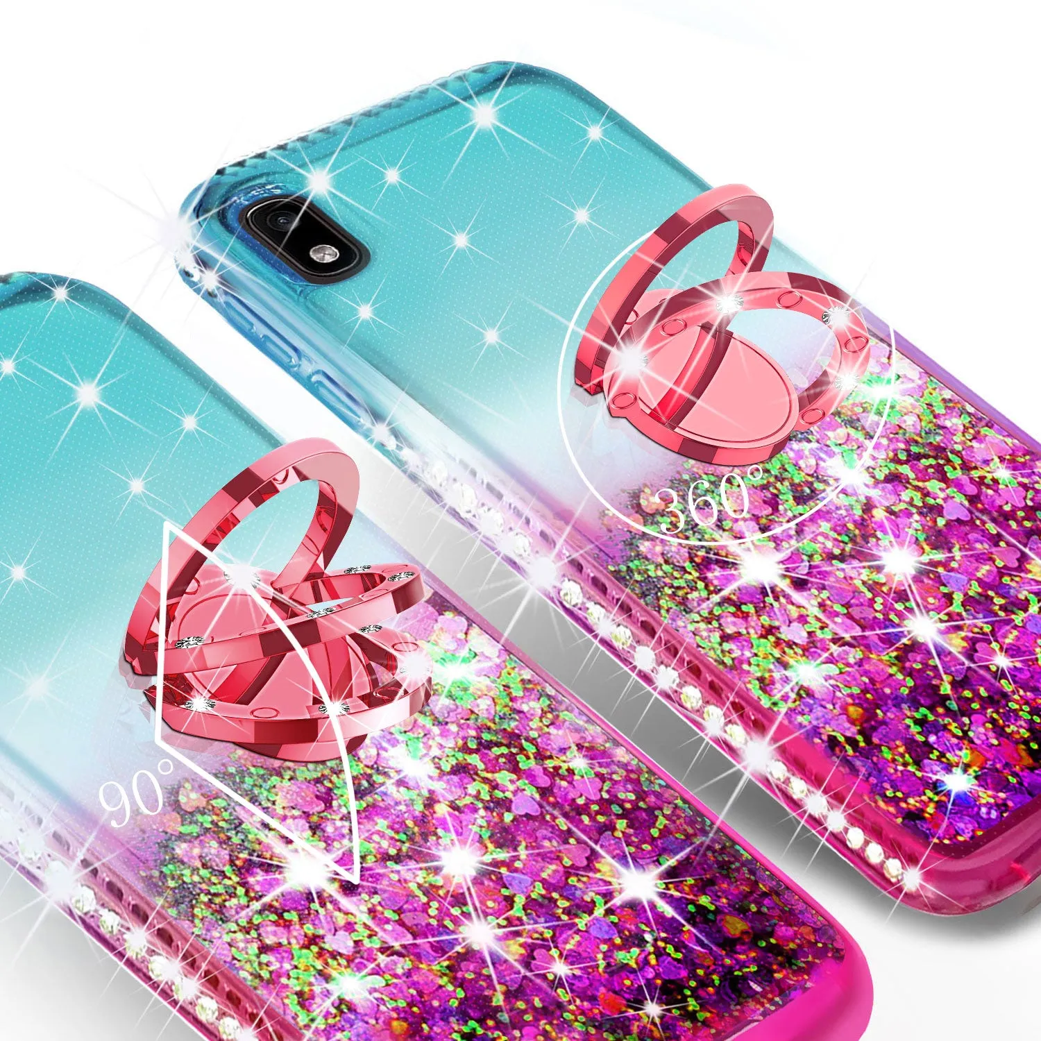 Glitter Phone Case Kickstand Compatible for Samsung Galaxy A10e Case, Galaxy A10e Case,Ring Stand Liquid Floating Quicksand Bling Sparkle Protective Girls Women for Samsung Galaxy A10e W/Temper Glass - (Teal/Pink Gradient)
