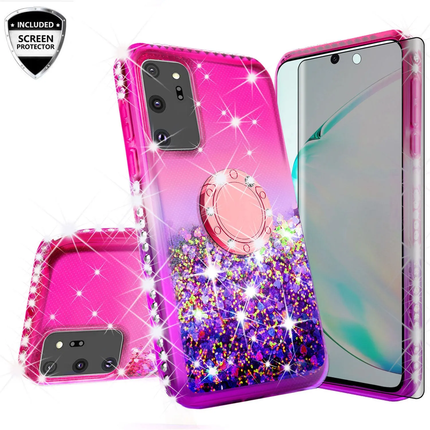 Glitter Phone Case Kickstand Compatible for Samsung Galaxy A51 5G Case, Galaxy A51 5G Case,Ring Stand Liquid Floating Quicksand Bling Sparkle Protective Girls Women for Samsung Galaxy A51 5G W/Temper Glass - (Hot Pink/Purple Gradient)