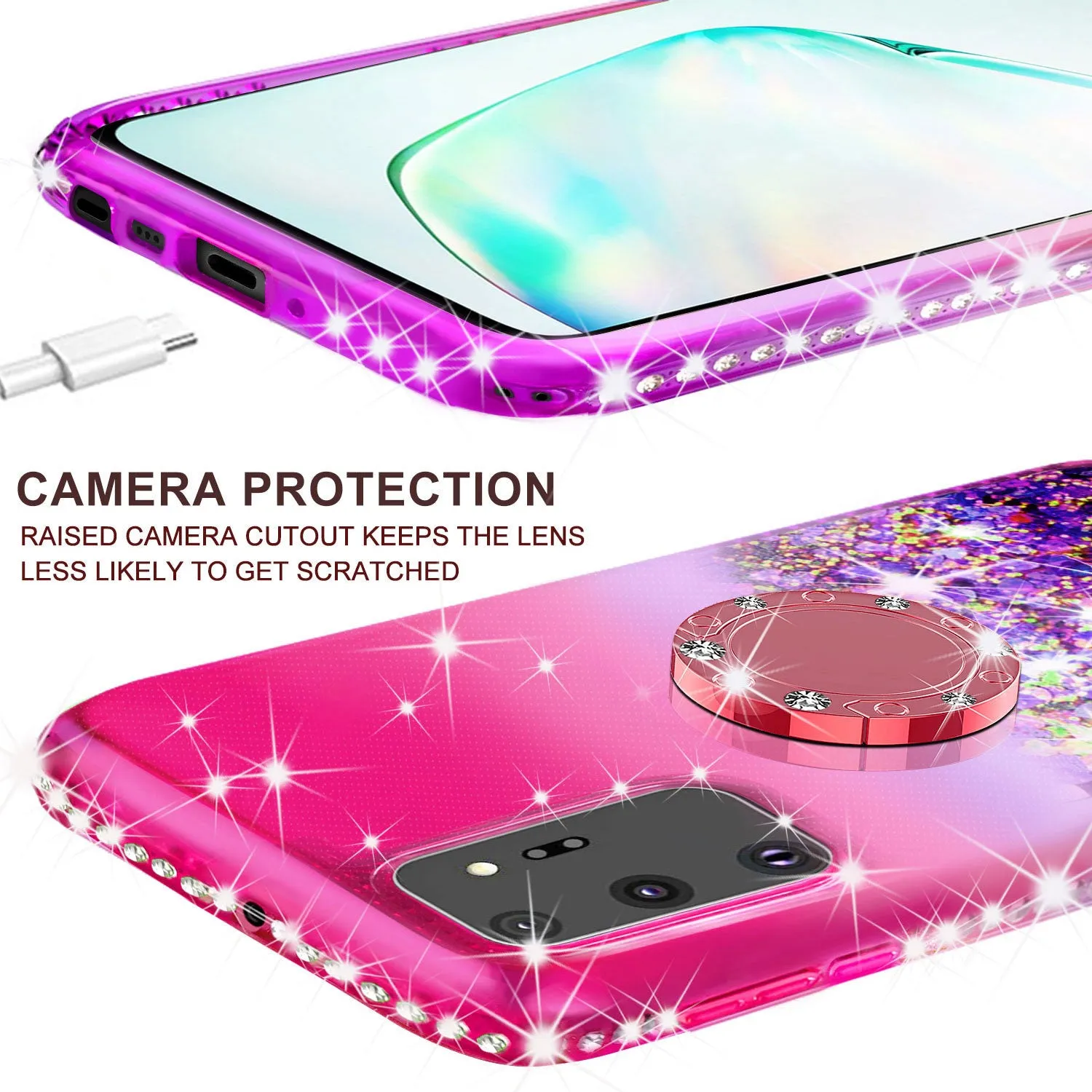 Glitter Phone Case Kickstand Compatible for Samsung Galaxy A51 5G Case, Galaxy A51 5G Case,Ring Stand Liquid Floating Quicksand Bling Sparkle Protective Girls Women for Samsung Galaxy A51 5G W/Temper Glass - (Hot Pink/Purple Gradient)