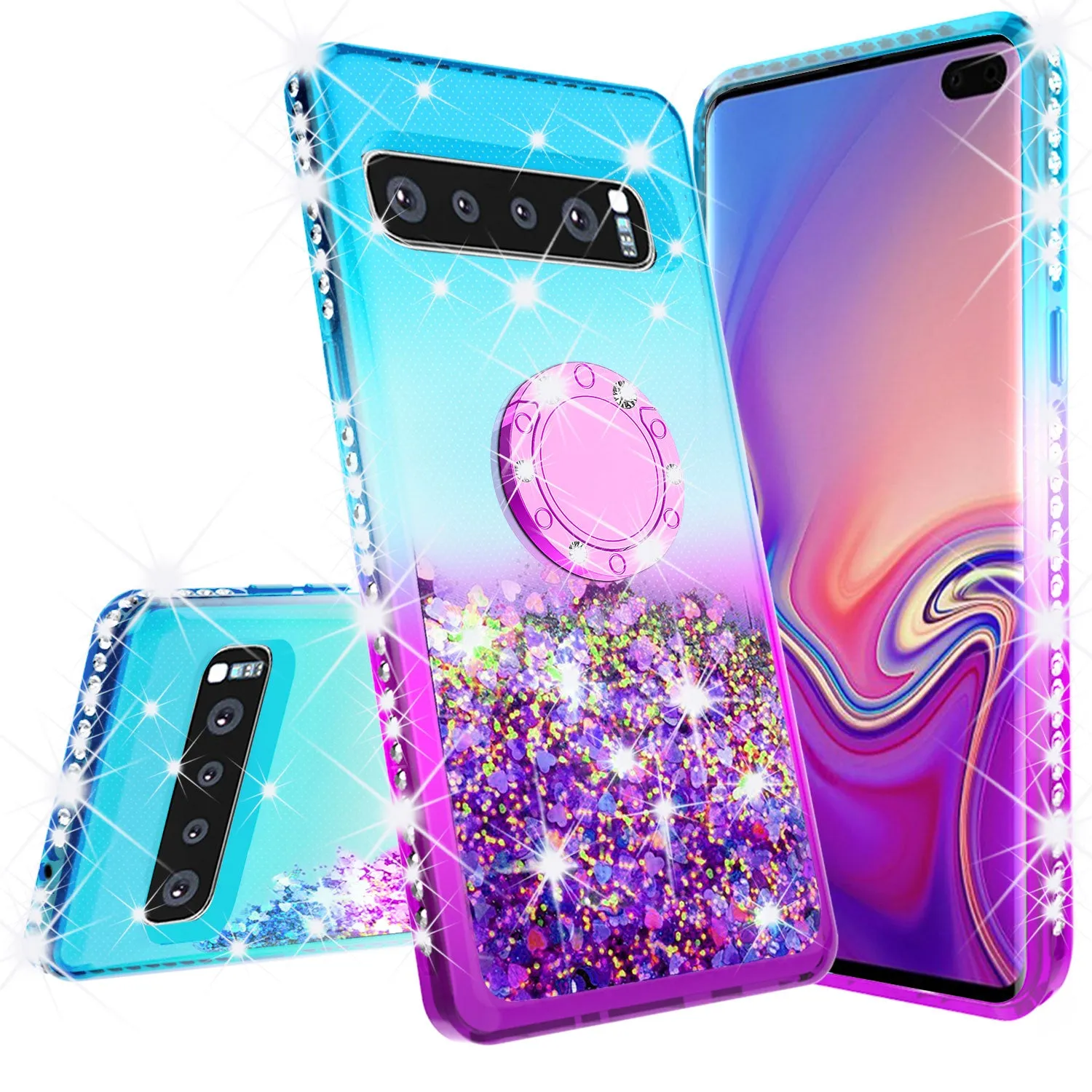 Glitter Phone Case Kickstand Compatible for Samsung Galaxy S10 Case,Ring Stand Liquid Floating Quicksand Bling Sparkle Protective Girls Women for Galaxy S10 - (Teal Gradient)
