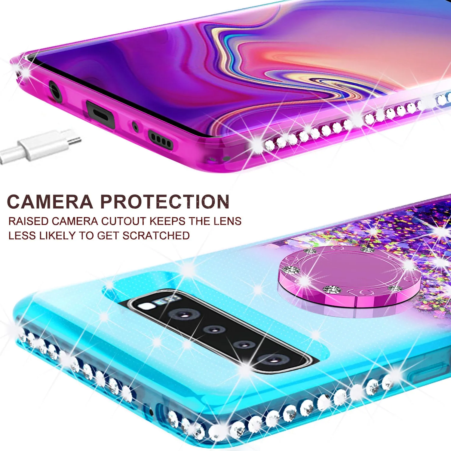 Glitter Phone Case Kickstand Compatible for Samsung Galaxy S10 Case,Ring Stand Liquid Floating Quicksand Bling Sparkle Protective Girls Women for Galaxy S10 - (Teal Gradient)