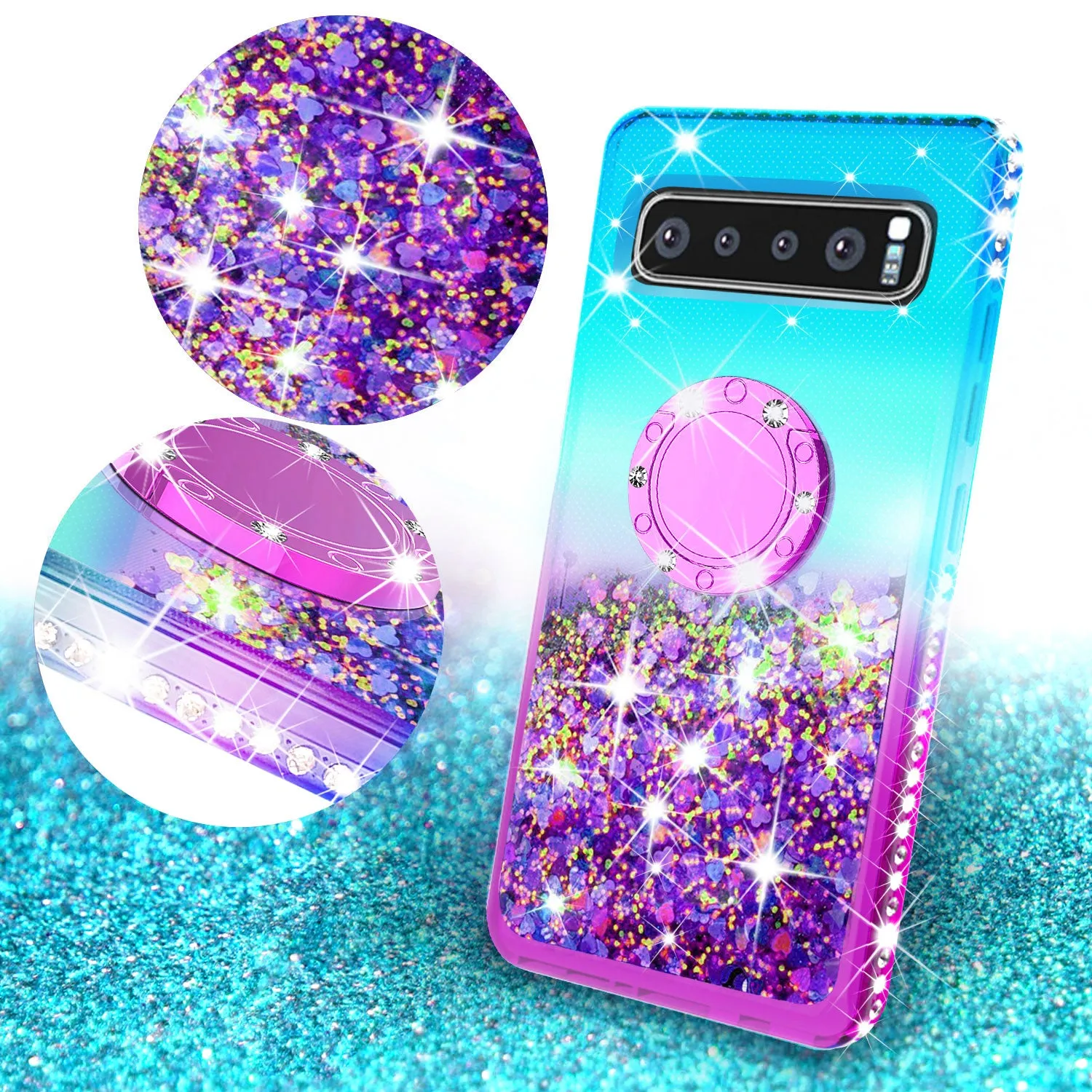 Glitter Phone Case Kickstand Compatible for Samsung Galaxy S10 Case,Ring Stand Liquid Floating Quicksand Bling Sparkle Protective Girls Women for Galaxy S10 - (Teal Gradient)
