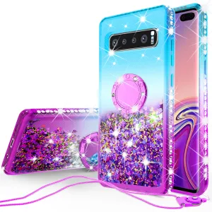 Glitter Phone Case Kickstand Compatible for Samsung Galaxy S10 Case,Ring Stand Liquid Floating Quicksand Bling Sparkle Protective Girls Women for Galaxy S10 - (Teal Gradient)