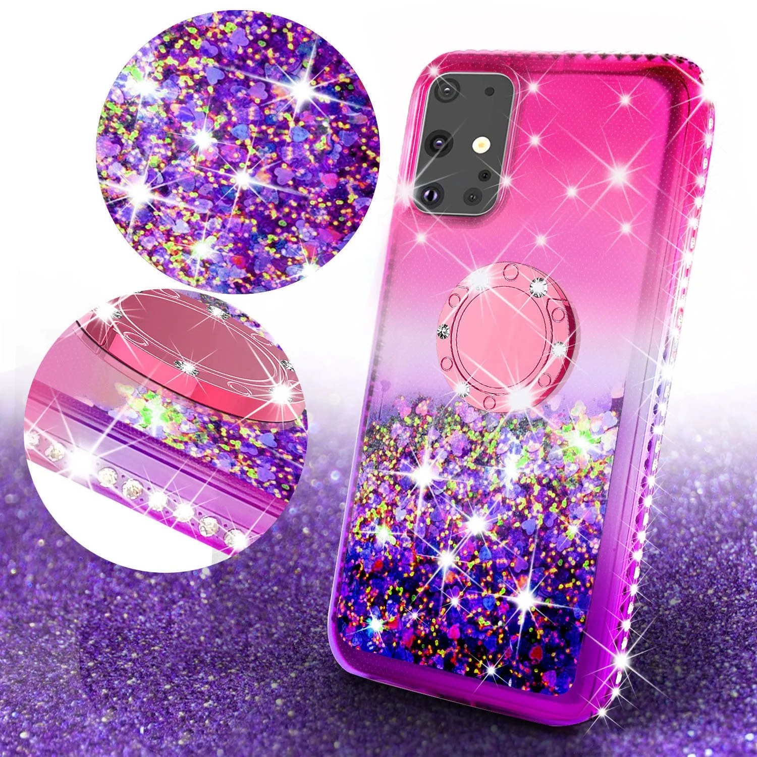 Glitter Phone Case Kickstand Compatible for Samsung Galaxy S20 Case, Galaxy S20 Case,Ring Stand Liquid Floating Quicksand Bling Sparkle Protective Girls Women for Samsung Galaxy S20 W/Temper Glass - (Hot Pink/Purple Gradient)