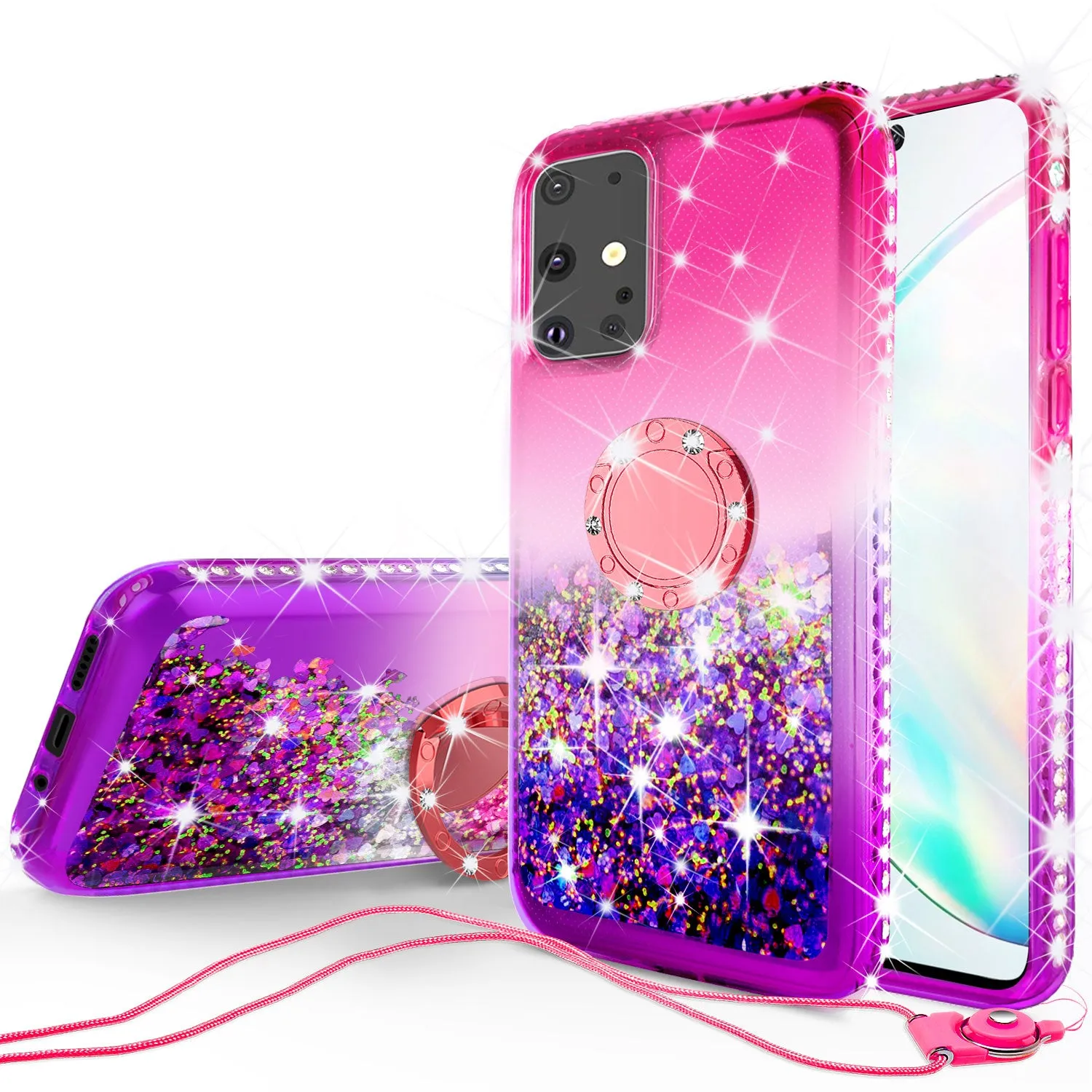 Glitter Phone Case Kickstand Compatible for Samsung Galaxy S20 Case, Galaxy S20 Case,Ring Stand Liquid Floating Quicksand Bling Sparkle Protective Girls Women for Samsung Galaxy S20 W/Temper Glass - (Hot Pink/Purple Gradient)