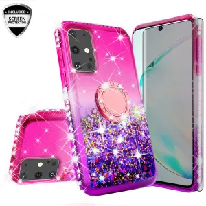 Glitter Phone Case Kickstand Compatible for Samsung Galaxy S20 Case, Galaxy S20 Case,Ring Stand Liquid Floating Quicksand Bling Sparkle Protective Girls Women for Samsung Galaxy S20 W/Temper Glass - (Hot Pink/Purple Gradient)
