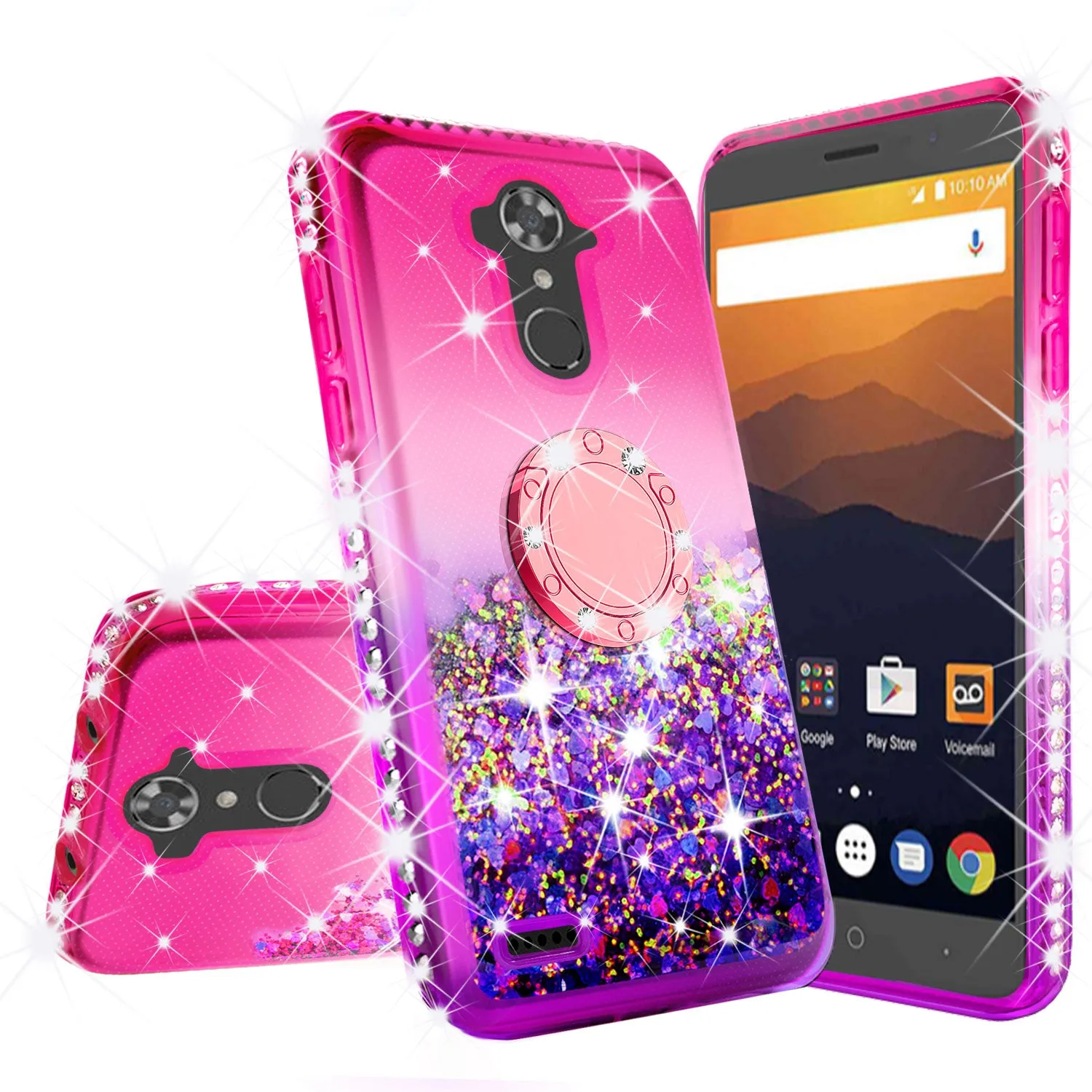 Glitter Phone Case Kickstand Compatible for ZTE MAX XL, ZTE ZMAX PRO Case,Ring Stand Liquid Floating Quicksand Bling Sparkle Protective Girls Women for ZMAX Pro/Blade X Max/Carry/Blade Max 3/Max Blue - (Pink Gradient)