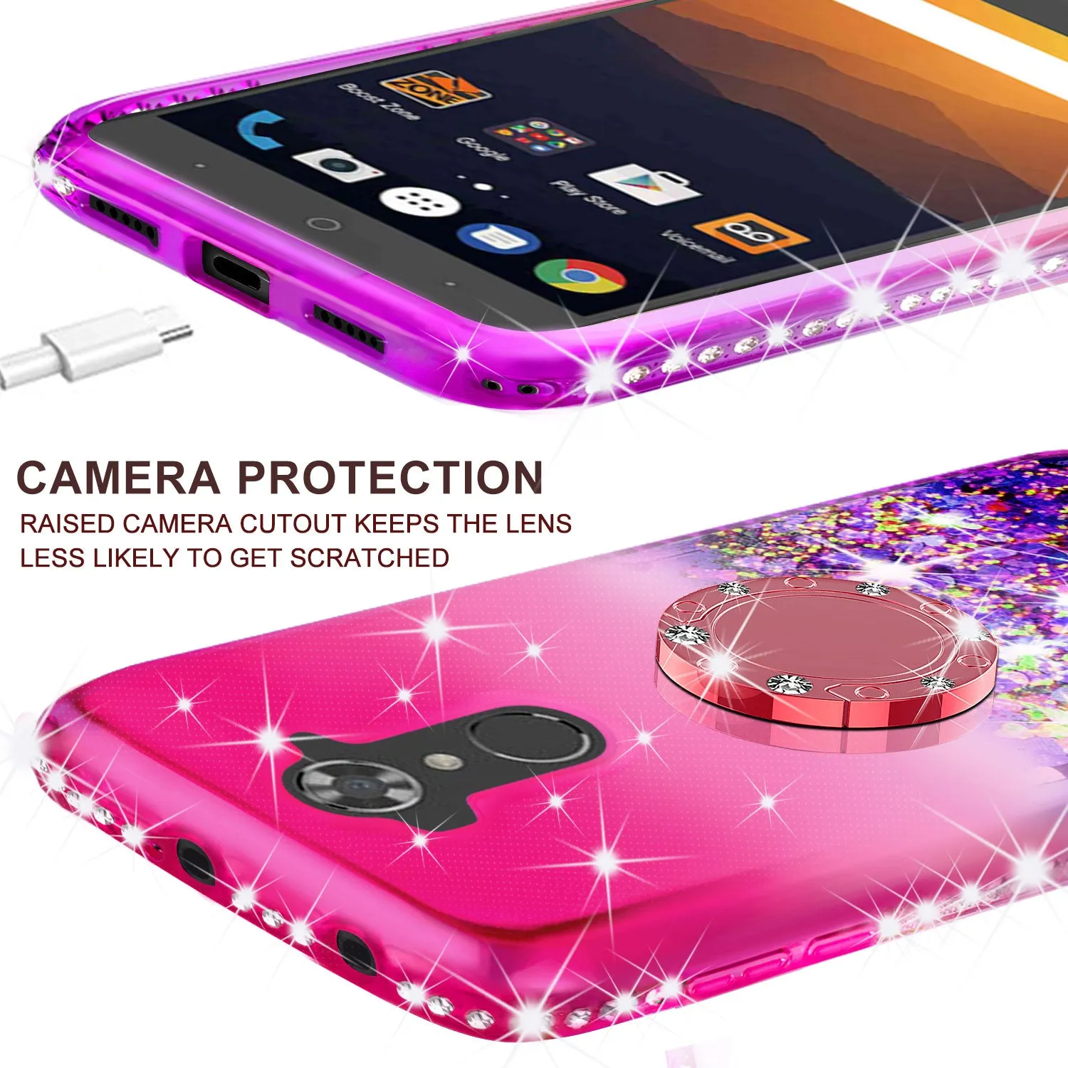 Glitter Phone Case Kickstand Compatible for ZTE MAX XL, ZTE ZMAX PRO Case,Ring Stand Liquid Floating Quicksand Bling Sparkle Protective Girls Women for ZMAX Pro/Blade X Max/Carry/Blade Max 3/Max Blue - (Pink Gradient)