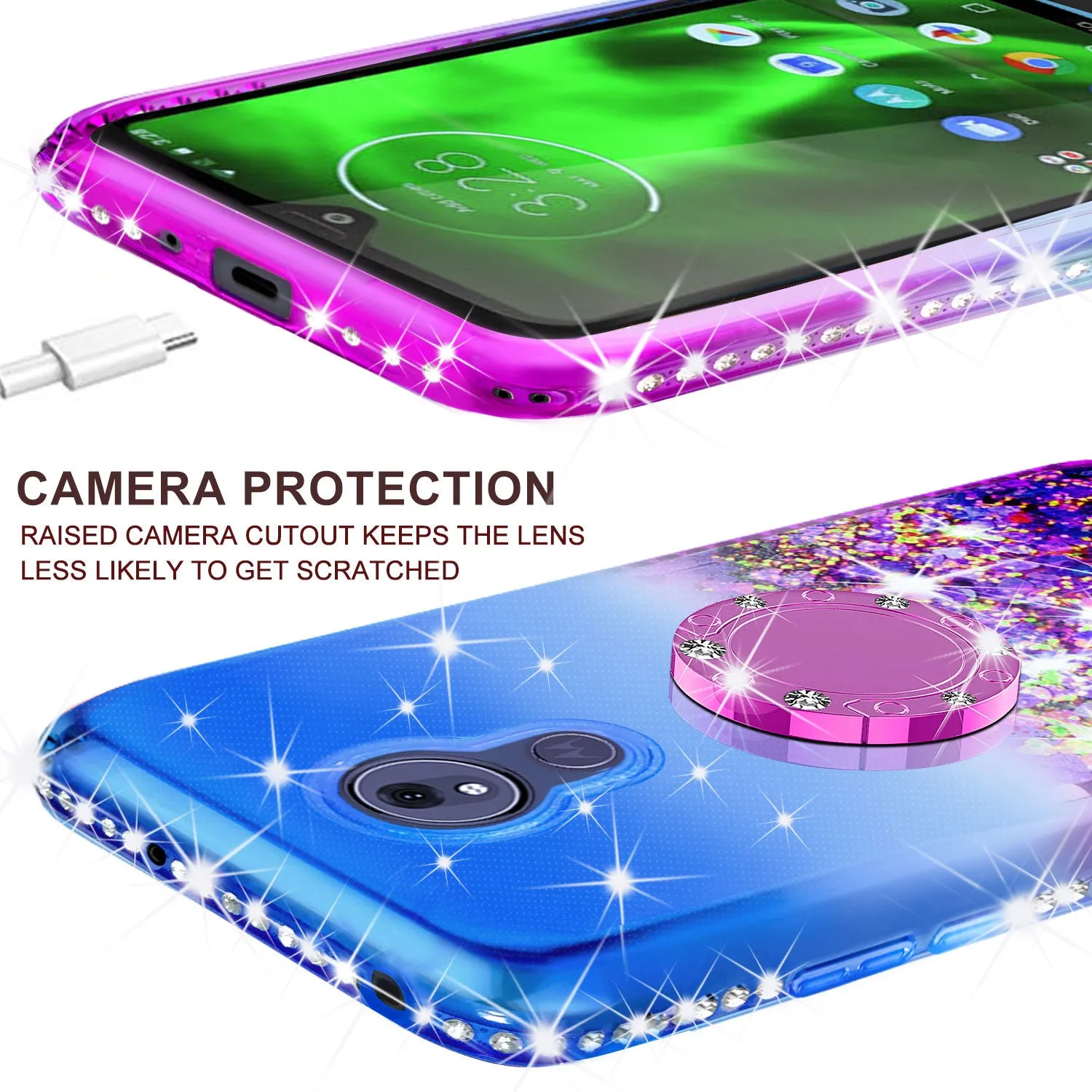 Glitter Phone Cover Kickstand Compatible for Motorola Moto G7 | Tmobile REVVLRY Plus Case, Ring Stand Liquid Floating Quicksand Bling Sparkle Protective Girls Women - (Blue Gradient)