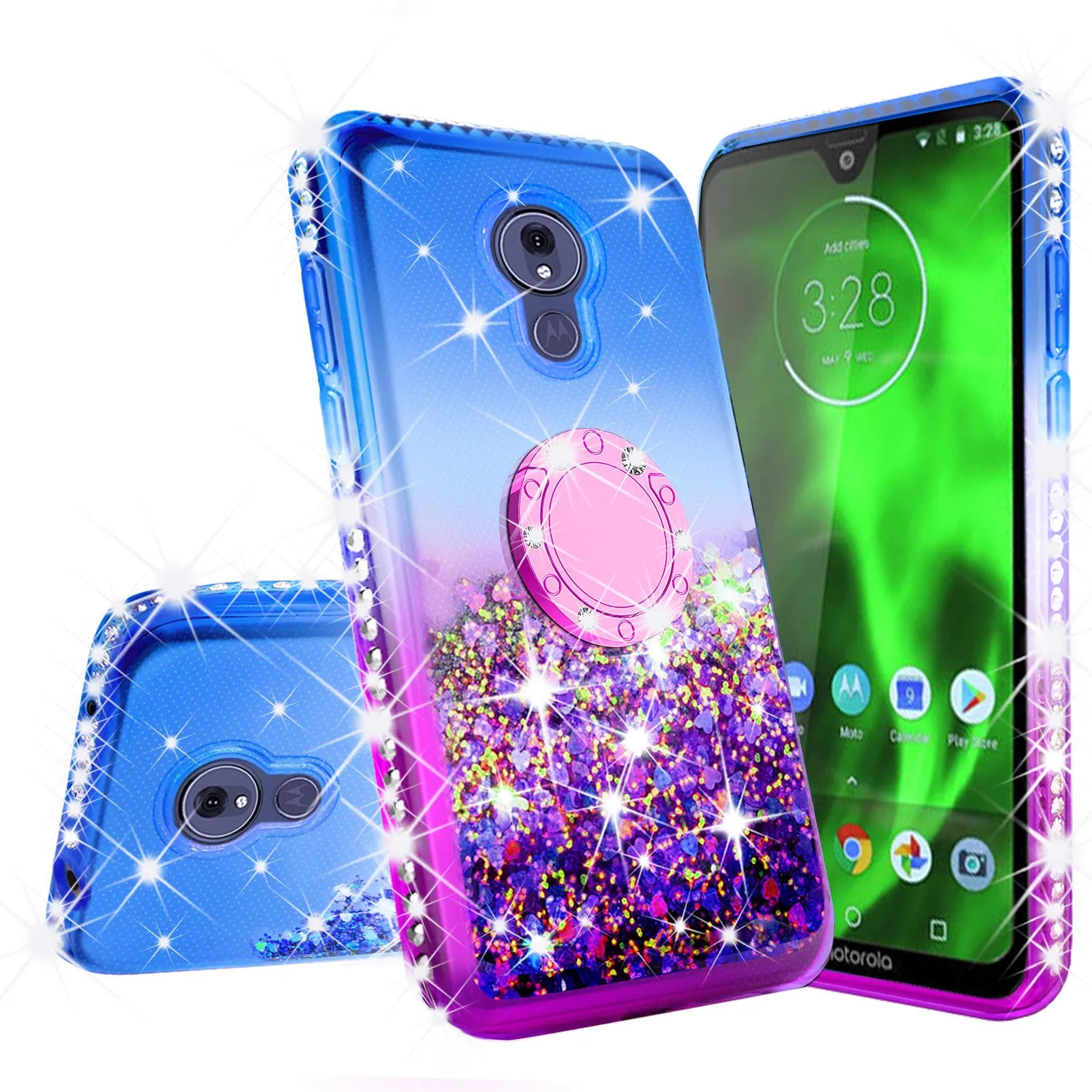 Glitter Phone Cover Kickstand Compatible for Motorola Moto G7 | Tmobile REVVLRY Plus Case, Ring Stand Liquid Floating Quicksand Bling Sparkle Protective Girls Women - (Blue Gradient)