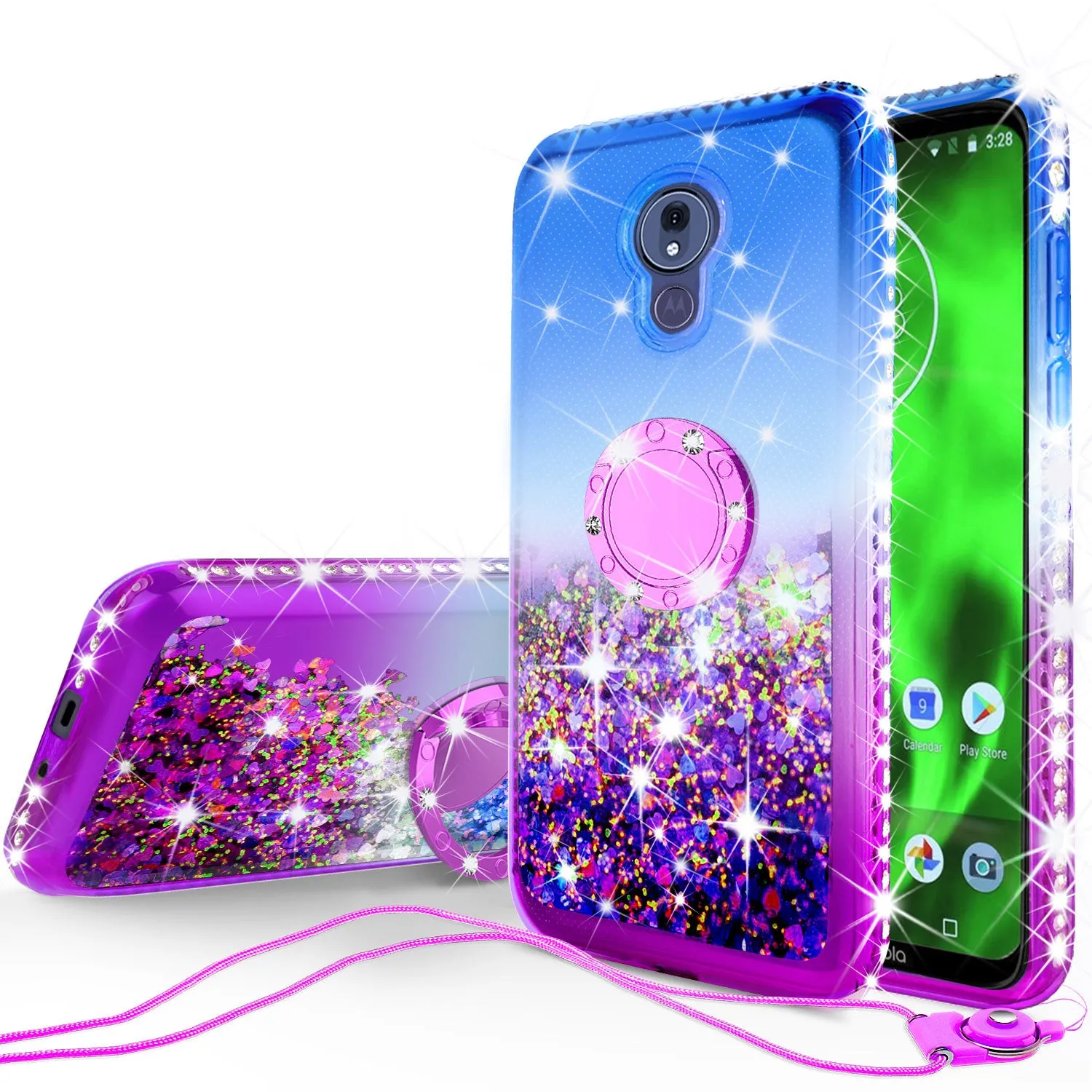 Glitter Phone Cover Kickstand Compatible for Motorola Moto G7 | Tmobile REVVLRY Plus Case, Ring Stand Liquid Floating Quicksand Bling Sparkle Protective Girls Women - (Blue Gradient)