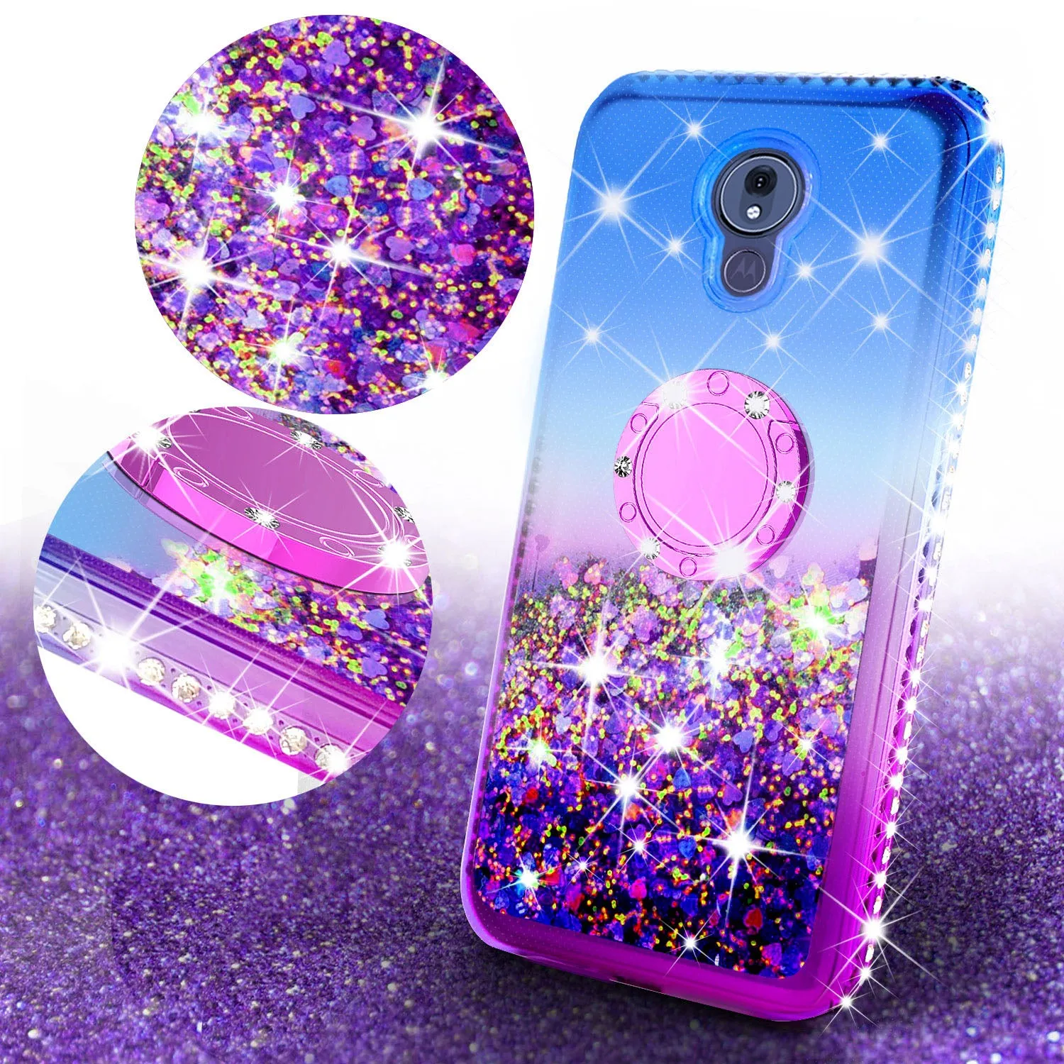 Glitter Phone Cover Kickstand Compatible for Motorola Moto G7 | Tmobile REVVLRY Plus Case, Ring Stand Liquid Floating Quicksand Bling Sparkle Protective Girls Women - (Blue Gradient)