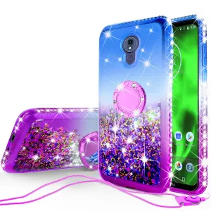 Glitter Phone Cover Kickstand Compatible for Motorola Moto G7 | Tmobile REVVLRY Plus Case, Ring Stand Liquid Floating Quicksand Bling Sparkle Protective Girls Women - (Blue Gradient)