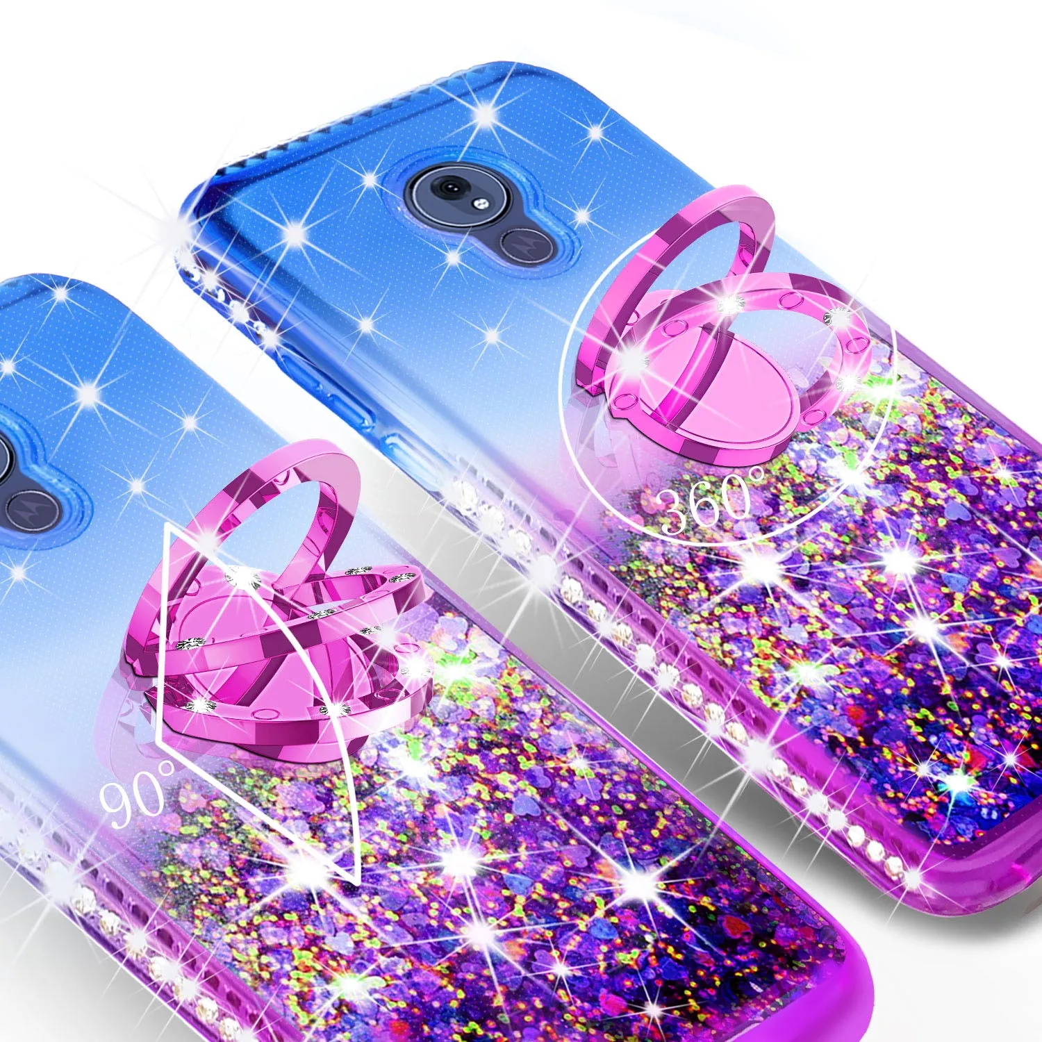 Glitter Phone Cover Kickstand Compatible for Motorola Moto G7 | Tmobile REVVLRY Plus Case, Ring Stand Liquid Floating Quicksand Bling Sparkle Protective Girls Women - (Blue Gradient)