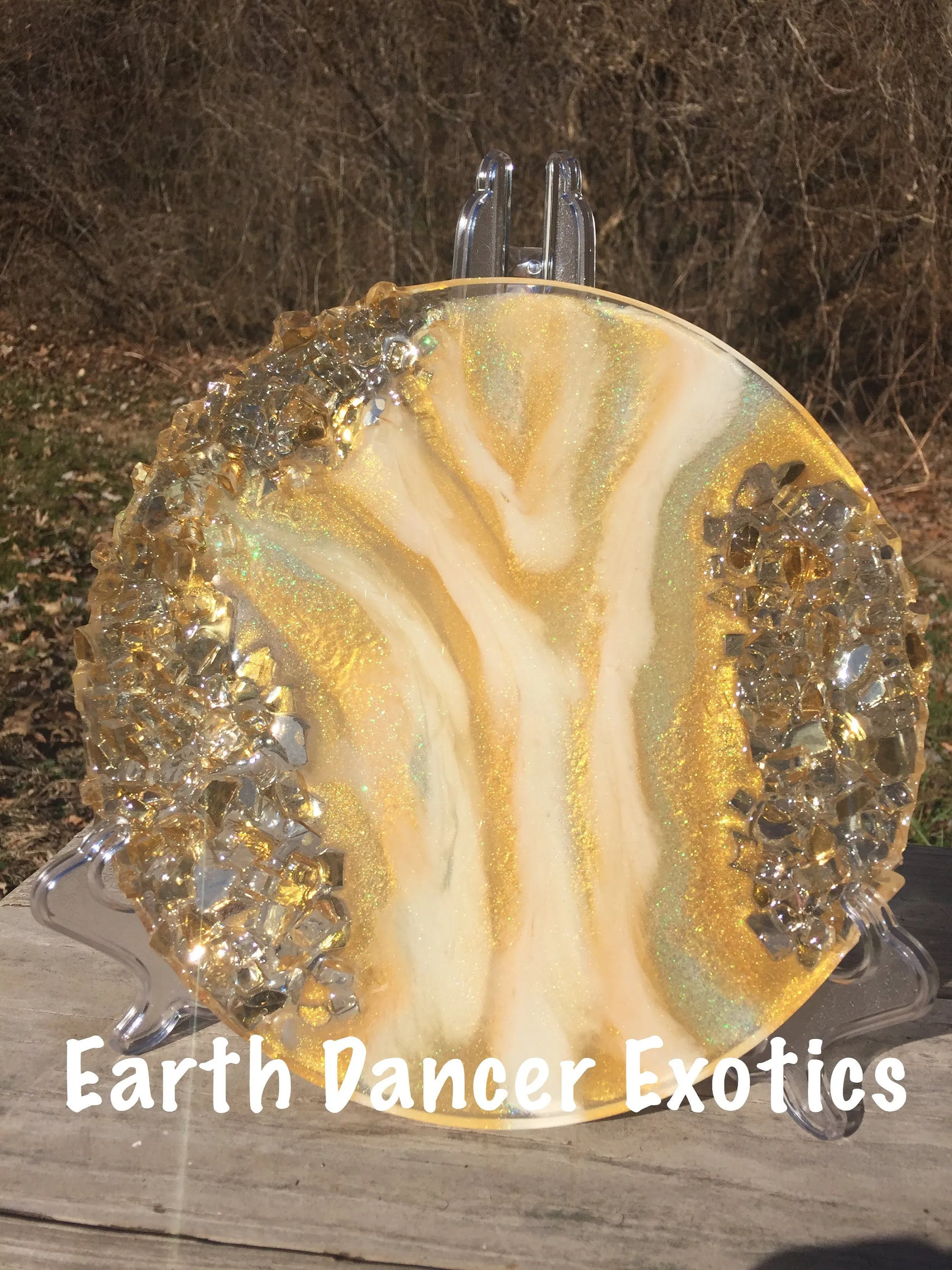 Gold Glass and Glitter Resin Geode, Agate Slice, bohemian art , witchy vibes, glass geode table art
