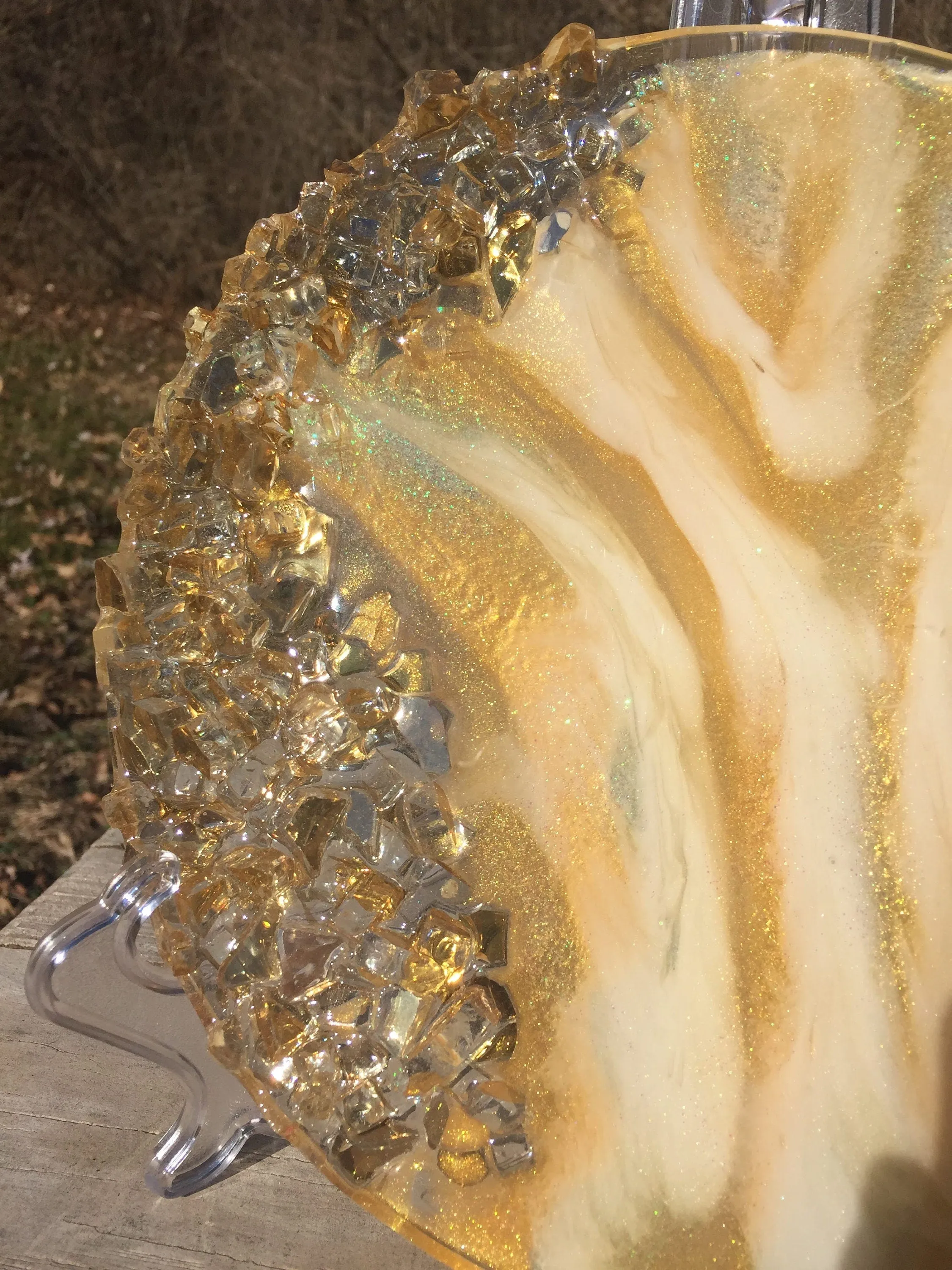 Gold Glass and Glitter Resin Geode, Agate Slice, bohemian art , witchy vibes, glass geode table art