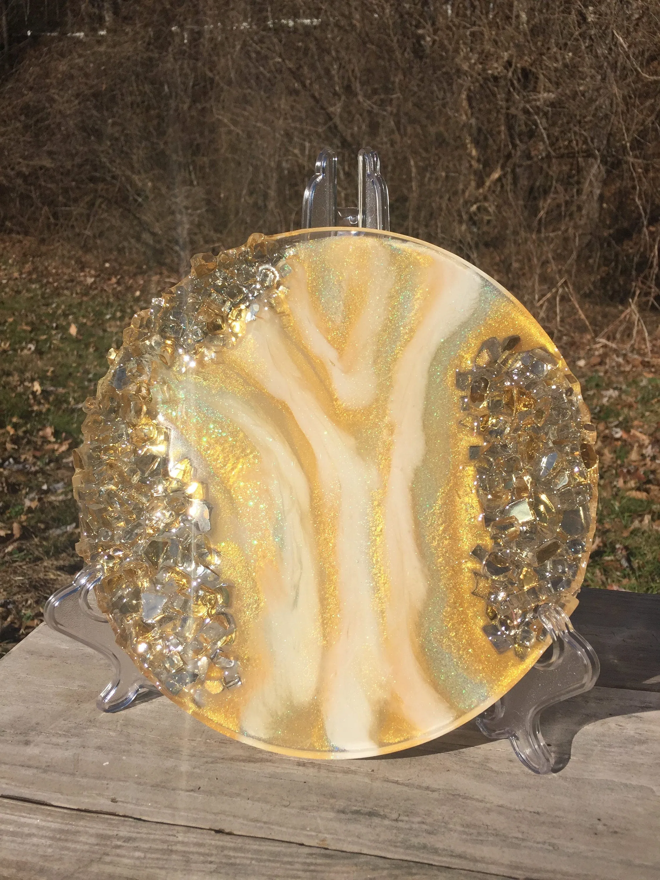 Gold Glass and Glitter Resin Geode, Agate Slice, bohemian art , witchy vibes, glass geode table art