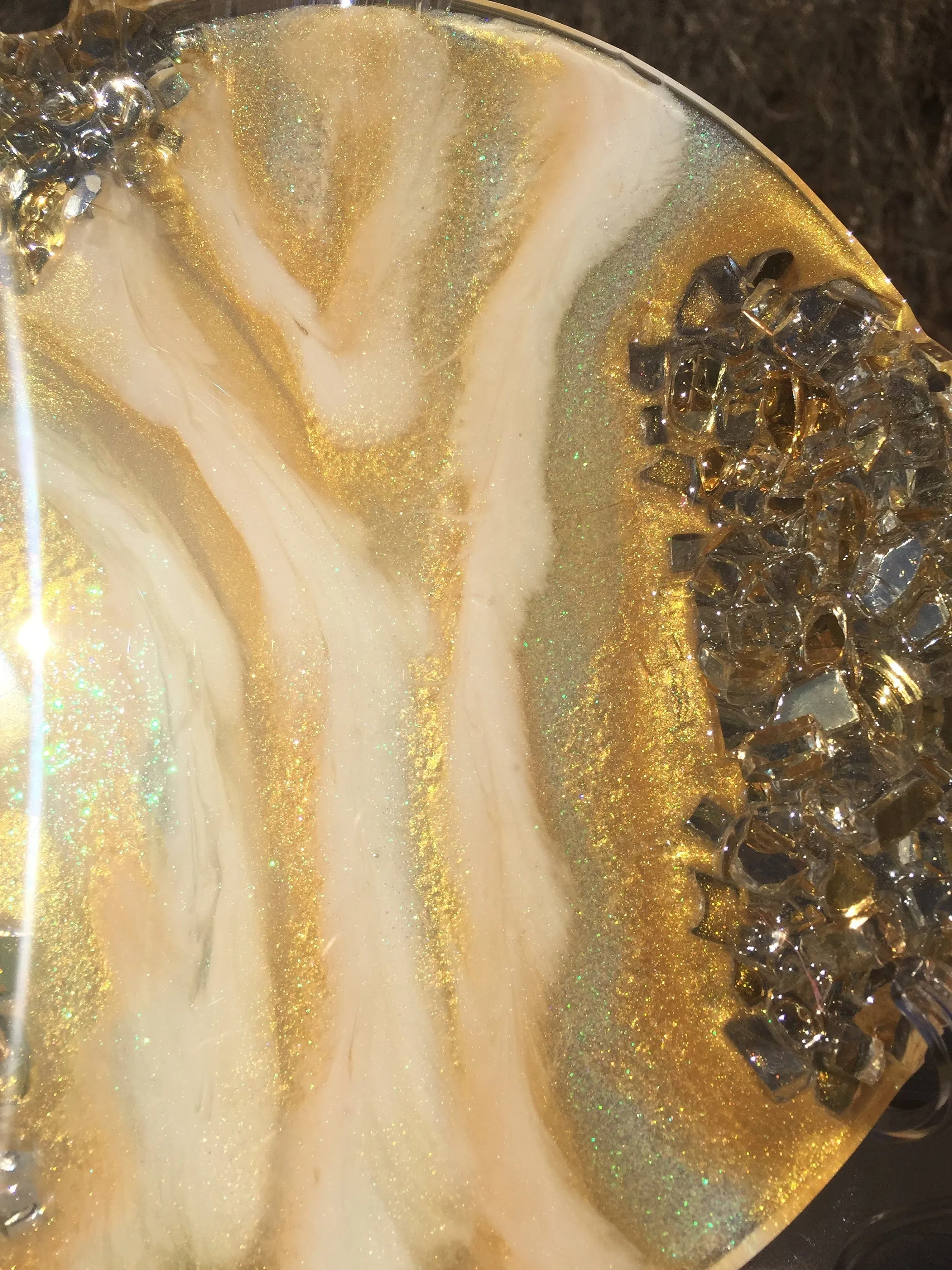 Gold Glass and Glitter Resin Geode, Agate Slice, bohemian art , witchy vibes, glass geode table art