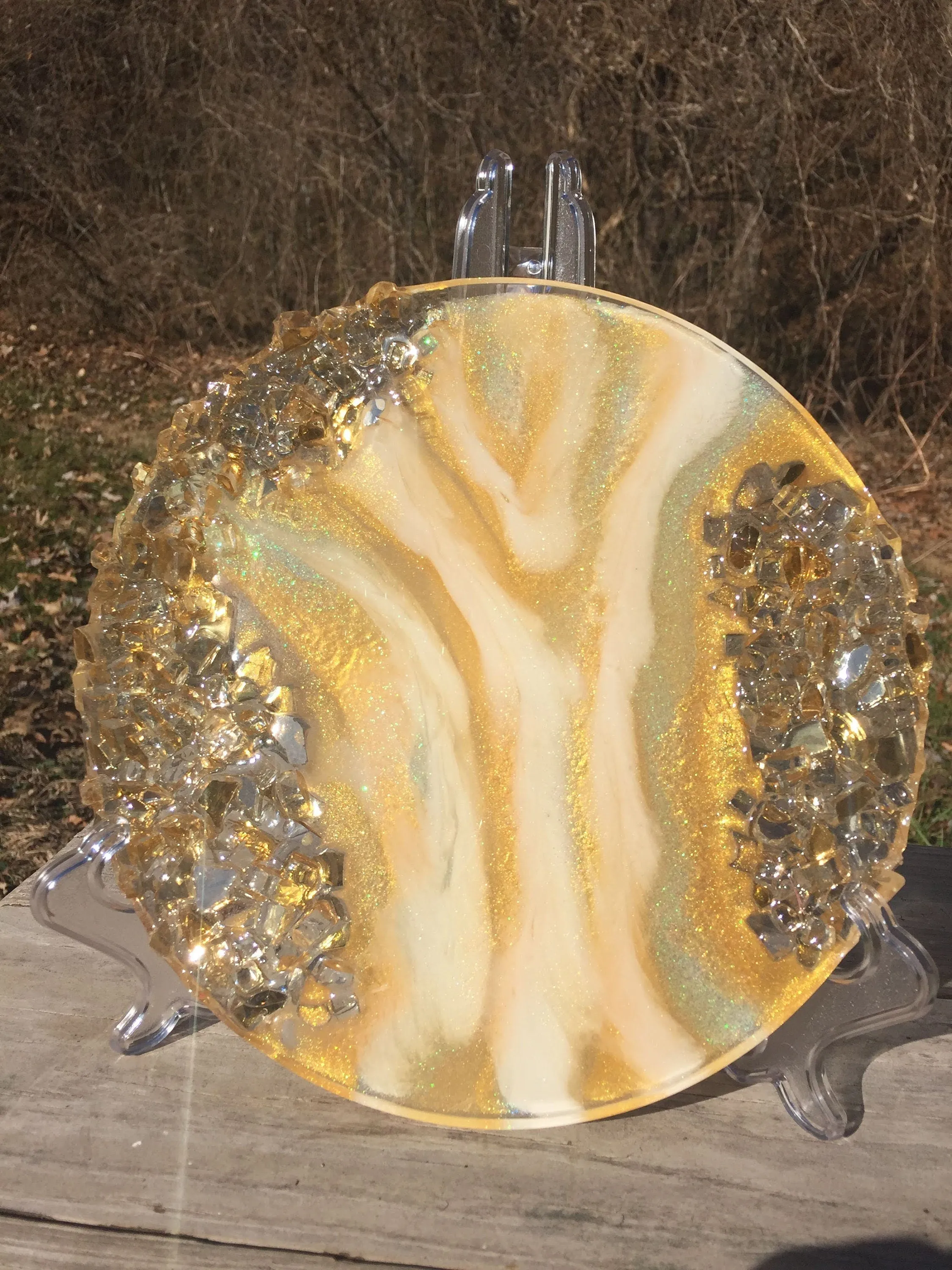 Gold Glass and Glitter Resin Geode, Agate Slice, bohemian art , witchy vibes, glass geode table art