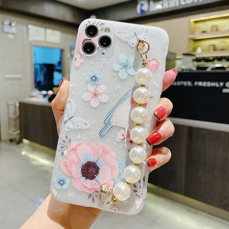 Gorgeous Transparent Flower Phone Case Holder Wrist Band Soft Cover