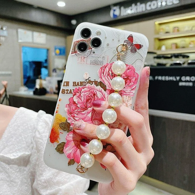 Gorgeous Transparent Flower Phone Case Holder Wrist Band Soft Cover