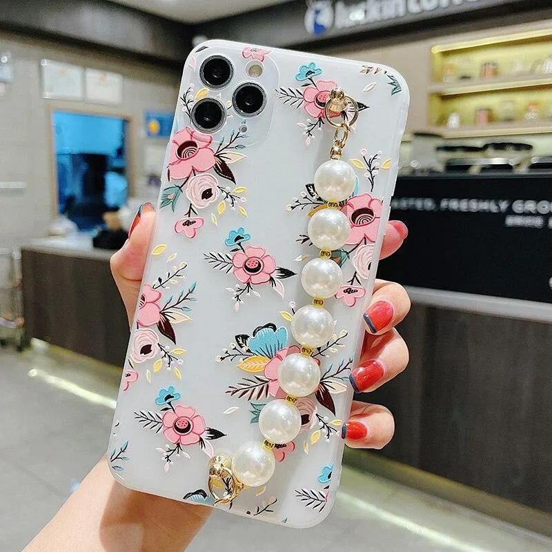 Gorgeous Transparent Flower Phone Case Holder Wrist Band Soft Cover