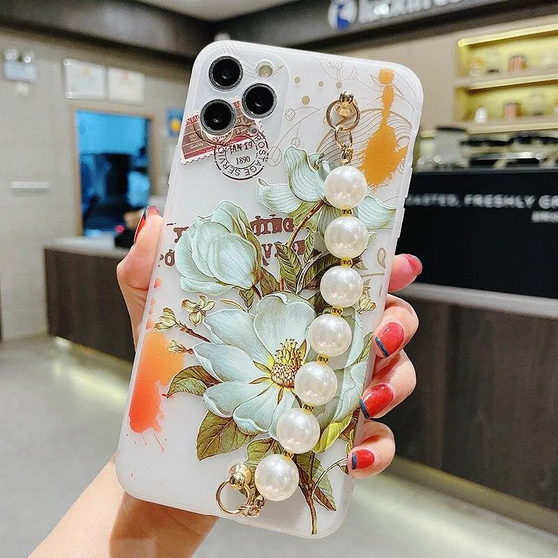 Gorgeous Transparent Flower Phone Case Holder Wrist Band Soft Cover