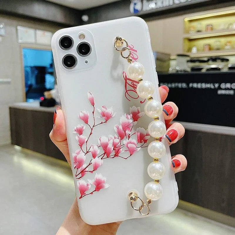 Gorgeous Transparent Flower Phone Case Holder Wrist Band Soft Cover