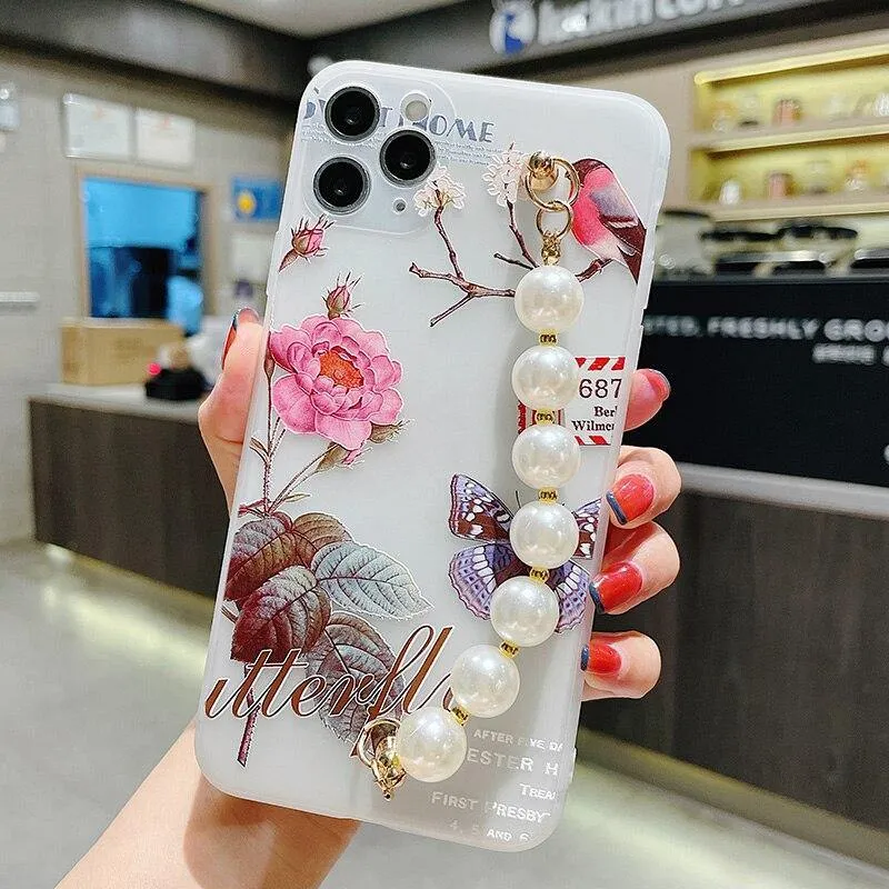 Gorgeous Transparent Flower Phone Case Holder Wrist Band Soft Cover