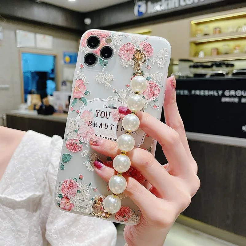 Gorgeous Transparent Flower Phone Case Holder Wrist Band Soft Cover