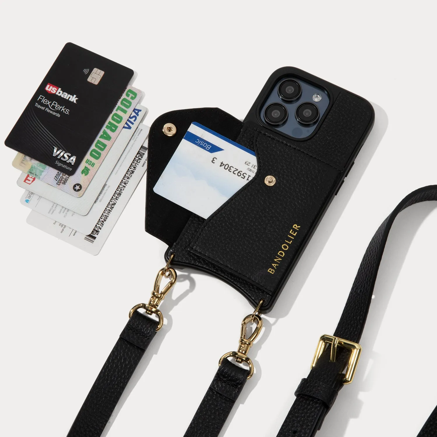 Hailey Side Slot Leather Crossbody Bandolier - Black/Gold