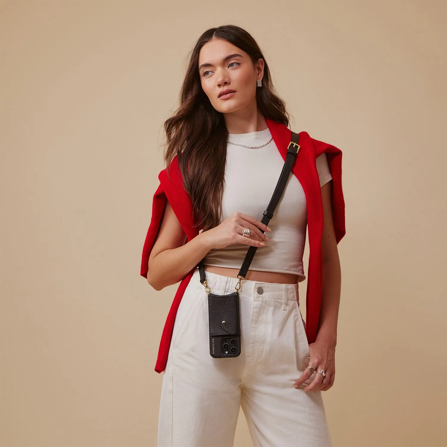 Hailey Side Slot Leather Crossbody Bandolier - Black/Gold