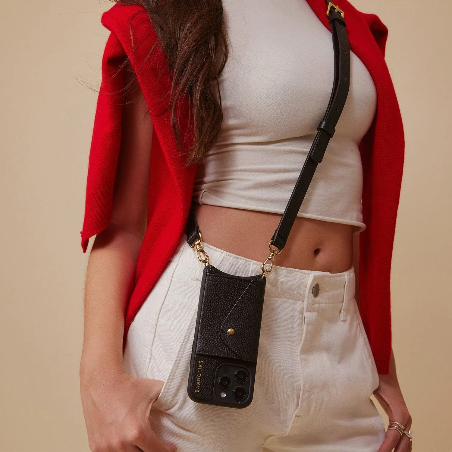 Hailey Side Slot Leather Crossbody Bandolier - Black/Gold