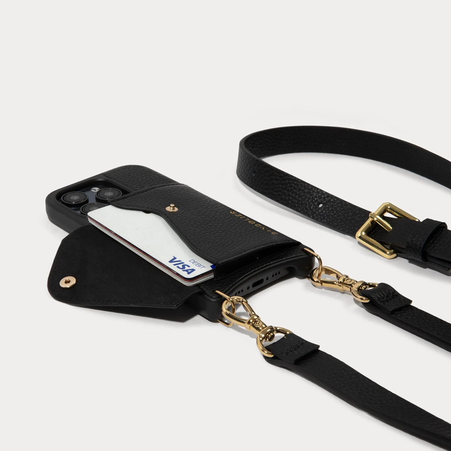 Hailey Side Slot Leather Crossbody Bandolier - Black/Gold
