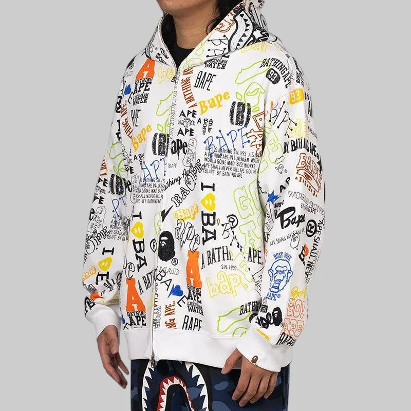 Hand Draw Pattern Shark Zip Hoodie - White
