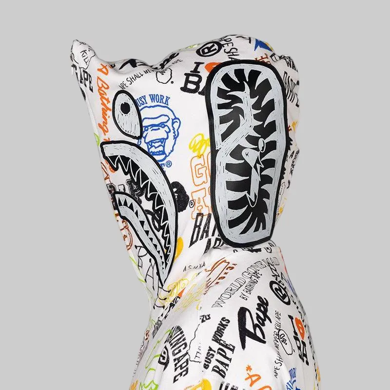 Hand Draw Pattern Shark Zip Hoodie - White