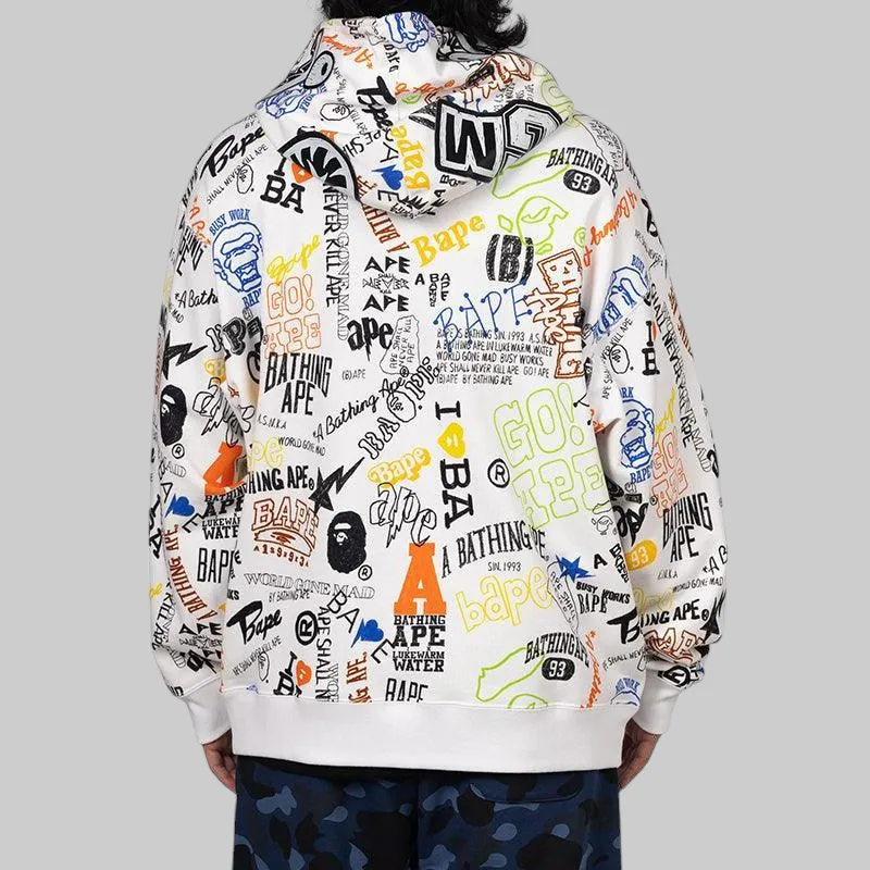 Hand Draw Pattern Shark Zip Hoodie - White