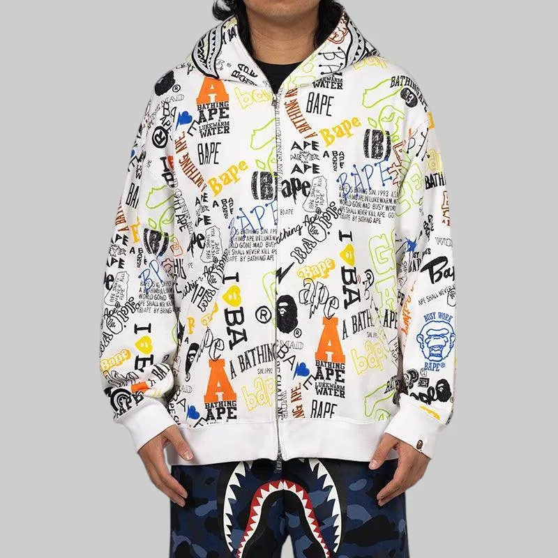 Hand Draw Pattern Shark Zip Hoodie - White